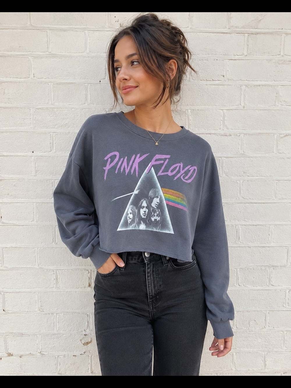 Pink Floyd Dark Side Of The Moon Women's Charcoal Crop Pullover Sweatshirt M